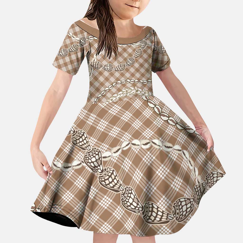 Brown Aloha Hawaii Shell Lei Family Matching Summer Maxi Dress and Hawaiian Shirt Palaka Hebrew Cone Honey Cowrie Elegant Curves LT14 Daughter's Dress Brown - Polynesian Pride