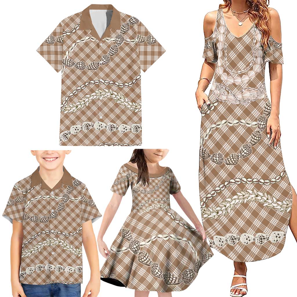 Brown Aloha Hawaii Shell Lei Family Matching Summer Maxi Dress and Hawaiian Shirt Palaka Hebrew Cone Honey Cowrie Elegant Curves - Polynesian Pride