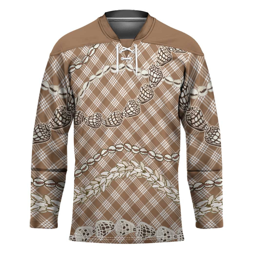Brown Aloha Hawaii Shell Lei Hockey Jersey Palaka Hebrew Cone Honey Cowrie Elegant Curves - Polynesian Pride