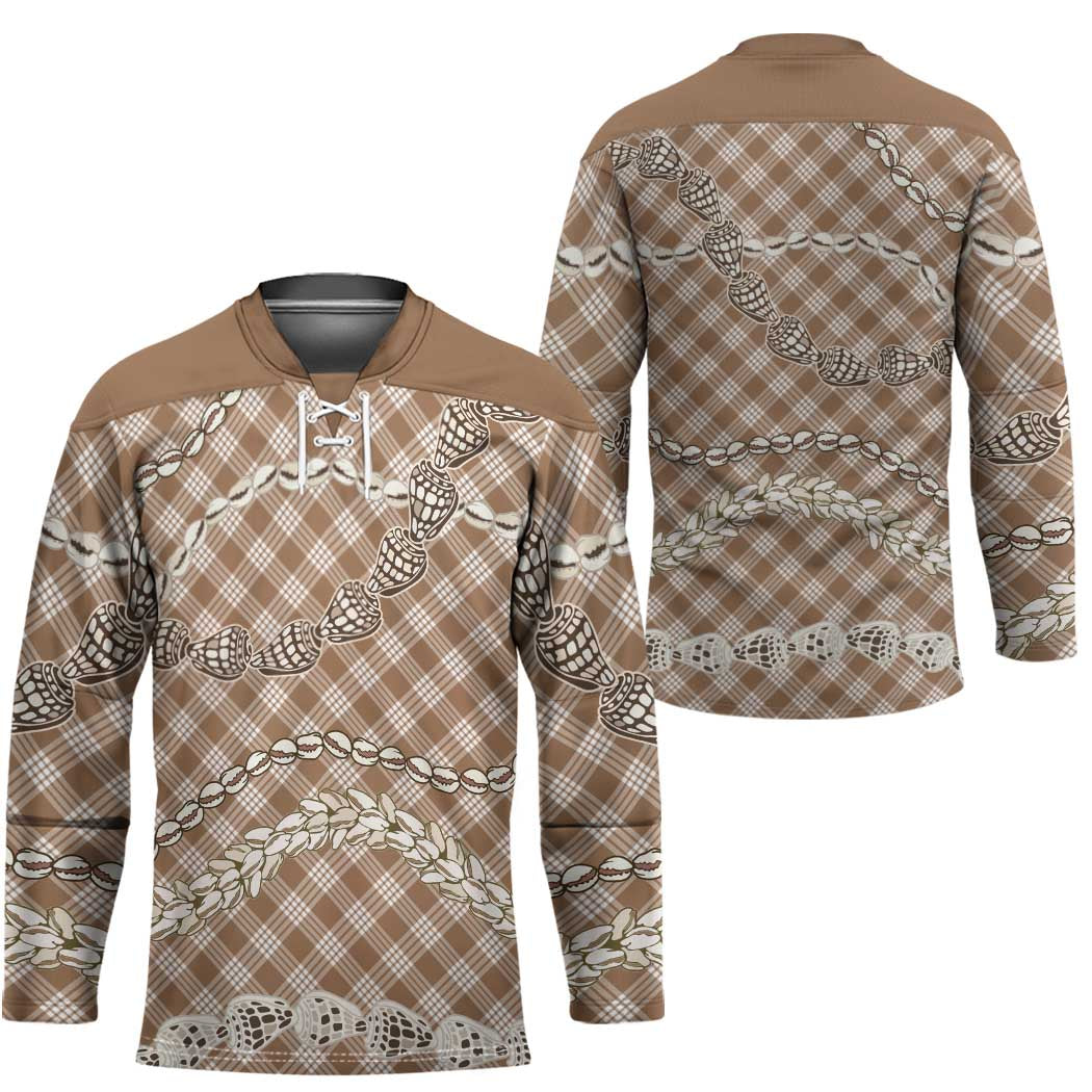 Brown Aloha Hawaii Shell Lei Hockey Jersey Palaka Hebrew Cone Honey Cowrie Elegant Curves - Polynesian Pride