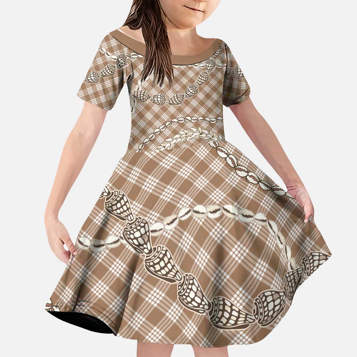 Brown Aloha Hawaii Shell Lei Kid Short Sleeve Dress Palaka Hebrew Cone Honey Cowrie Elegant Curves - Polynesian Pride