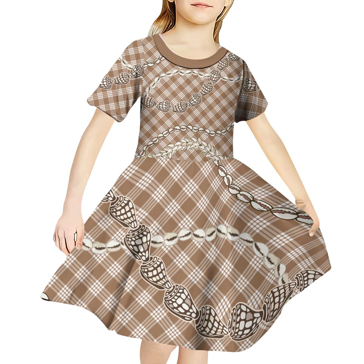 Brown Aloha Hawaii Shell Lei Kid Short Sleeve Dress Palaka Hebrew Cone Honey Cowrie Elegant Curves - Polynesian Pride