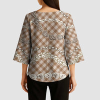 Brown Aloha Hawaii Shell Lei Kimono Sleeve Blouse Palaka Hebrew Cone Honey Cowrie Elegant Curves - Polynesian Pride