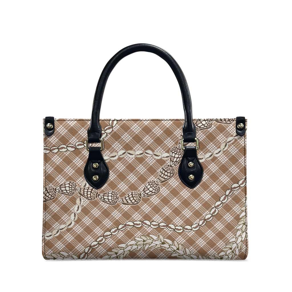 Brown Aloha Hawaii Shell Lei Leather Bag Palaka Hebrew Cone Honey Cowrie Elegant Curves - Polynesian Pride