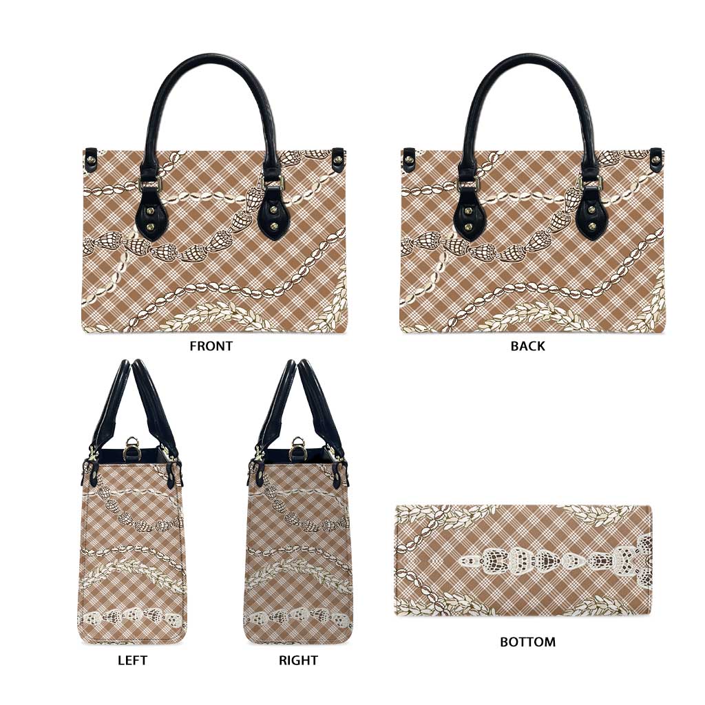 Brown Aloha Hawaii Shell Lei Leather Bag Palaka Hebrew Cone Honey Cowrie Elegant Curves - Polynesian Pride