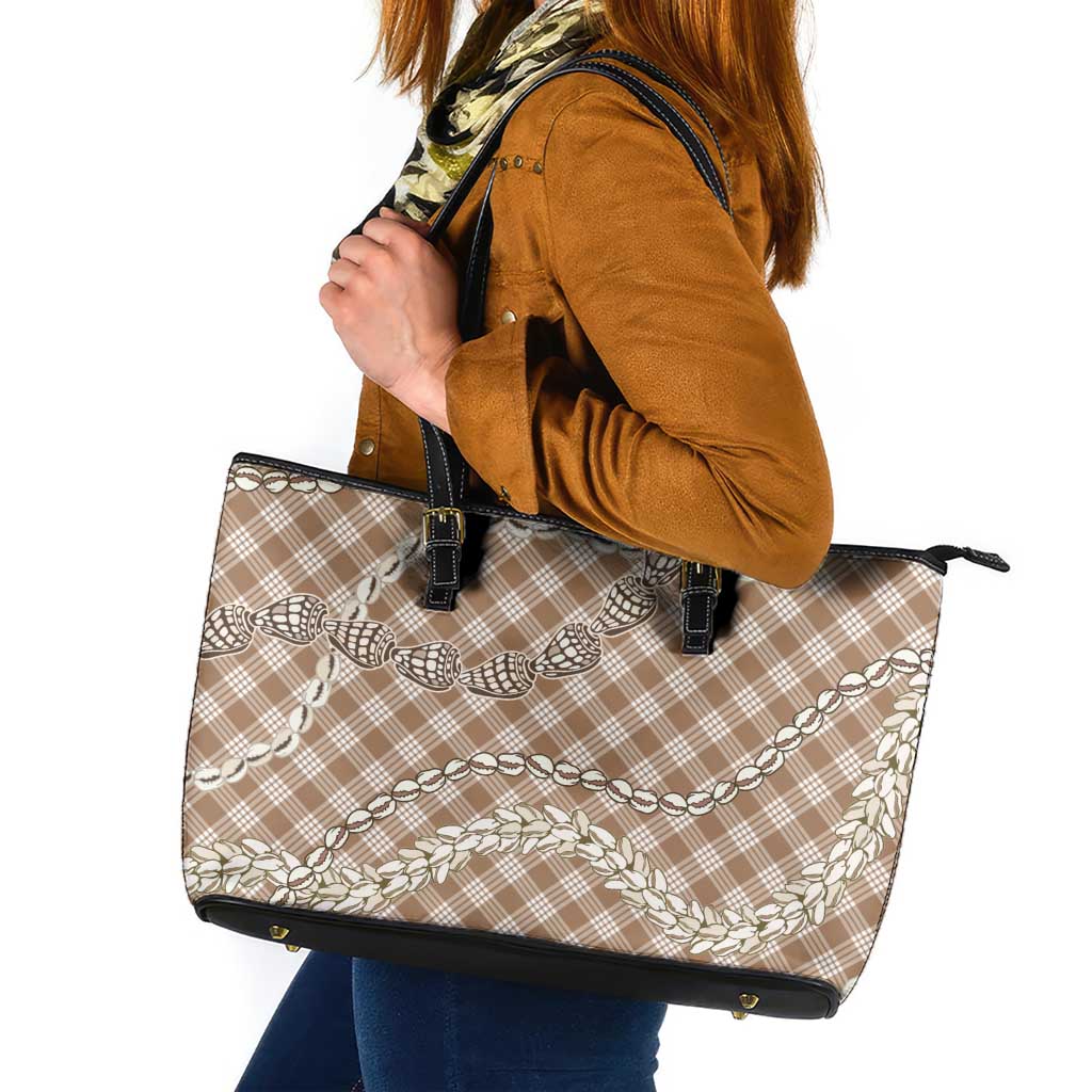 Brown Aloha Hawaii Shell Lei Leather Tote Bag Palaka Hebrew Cone Honey Cowrie Elegant Curves - Polynesian Pride