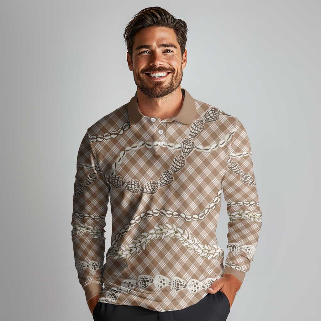 Brown Aloha Hawaii Shell Lei Long Sleeve Polo Shirt Palaka Hebrew Cone Honey Cowrie Elegant Curves - Polynesian Pride