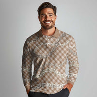 Brown Aloha Hawaii Shell Lei Long Sleeve Polo Shirt Palaka Hebrew Cone Honey Cowrie Elegant Curves - Polynesian Pride