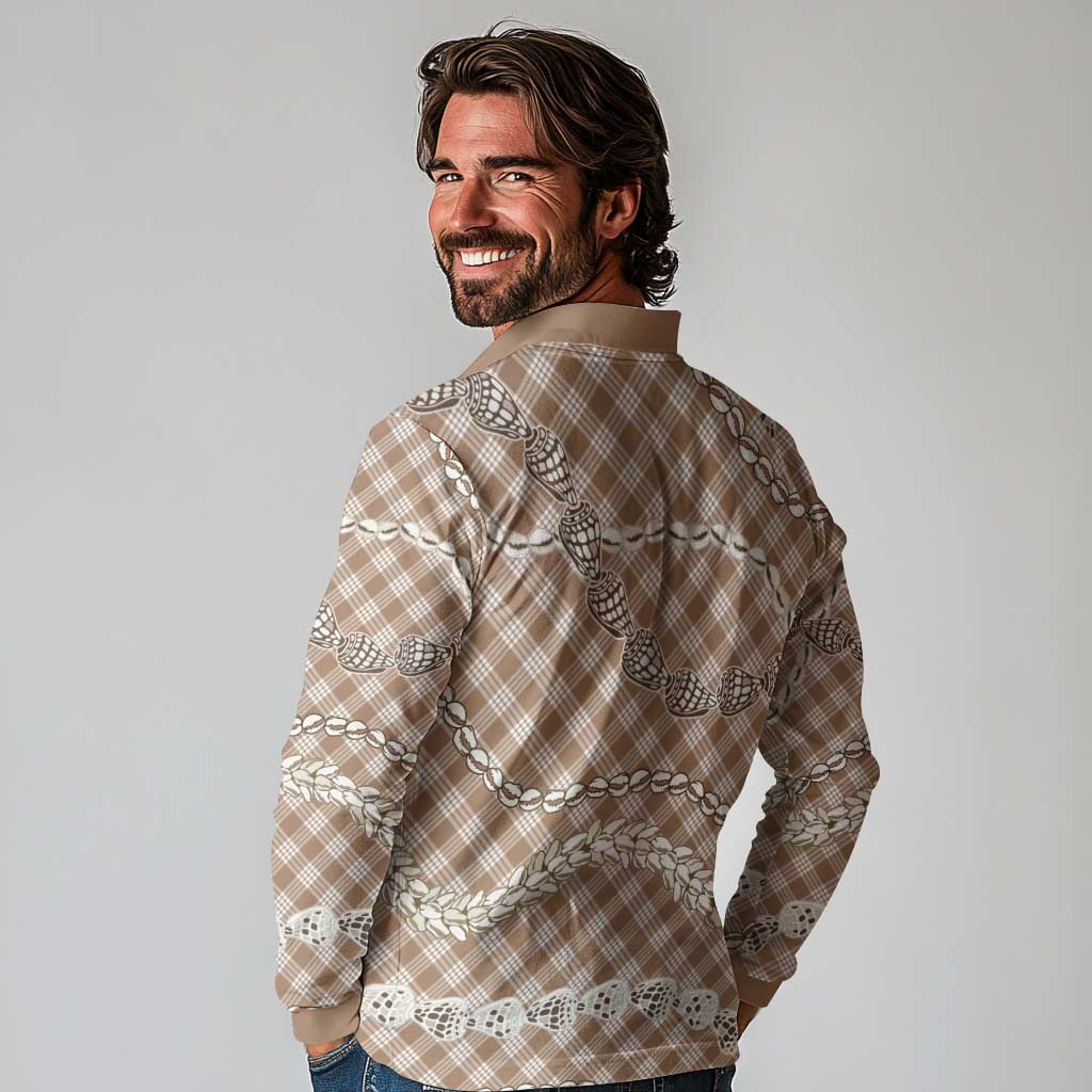 Brown Aloha Hawaii Shell Lei Long Sleeve Polo Shirt Palaka Hebrew Cone Honey Cowrie Elegant Curves - Polynesian Pride