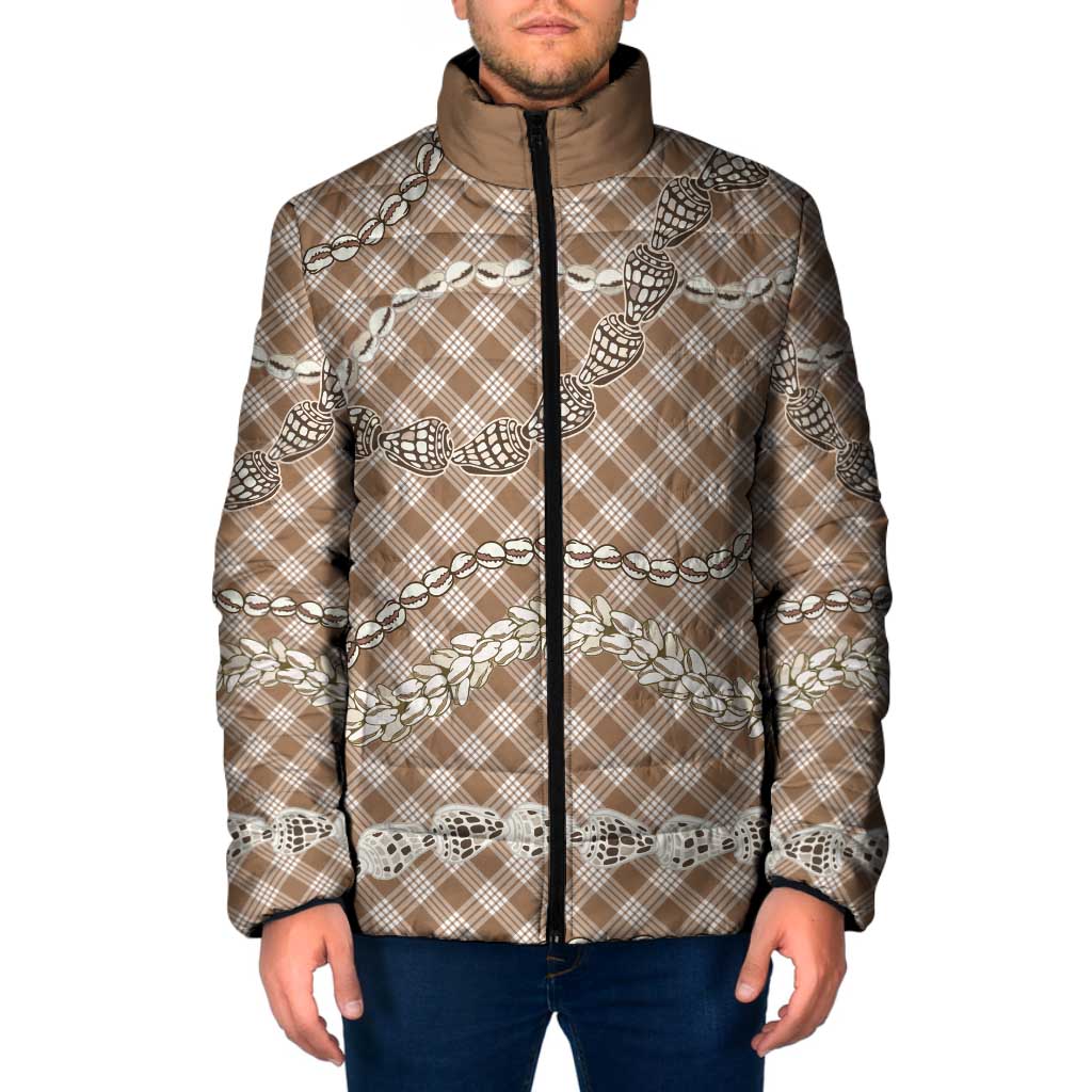 Brown Aloha Hawaii Shell Lei Padded Jacket Palaka Hebrew Cone Honey Cowrie Elegant Curves - Polynesian Pride