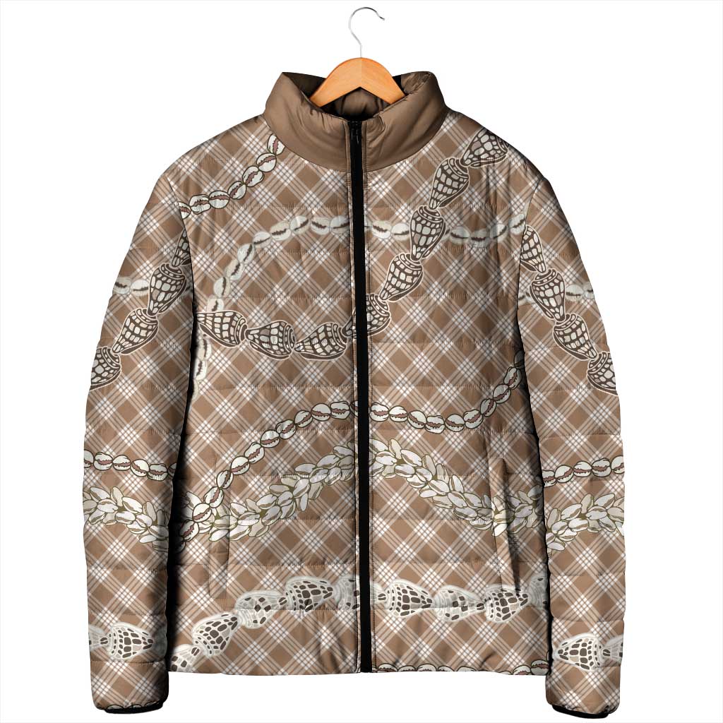 Brown Aloha Hawaii Shell Lei Padded Jacket Palaka Hebrew Cone Honey Cowrie Elegant Curves - Polynesian Pride