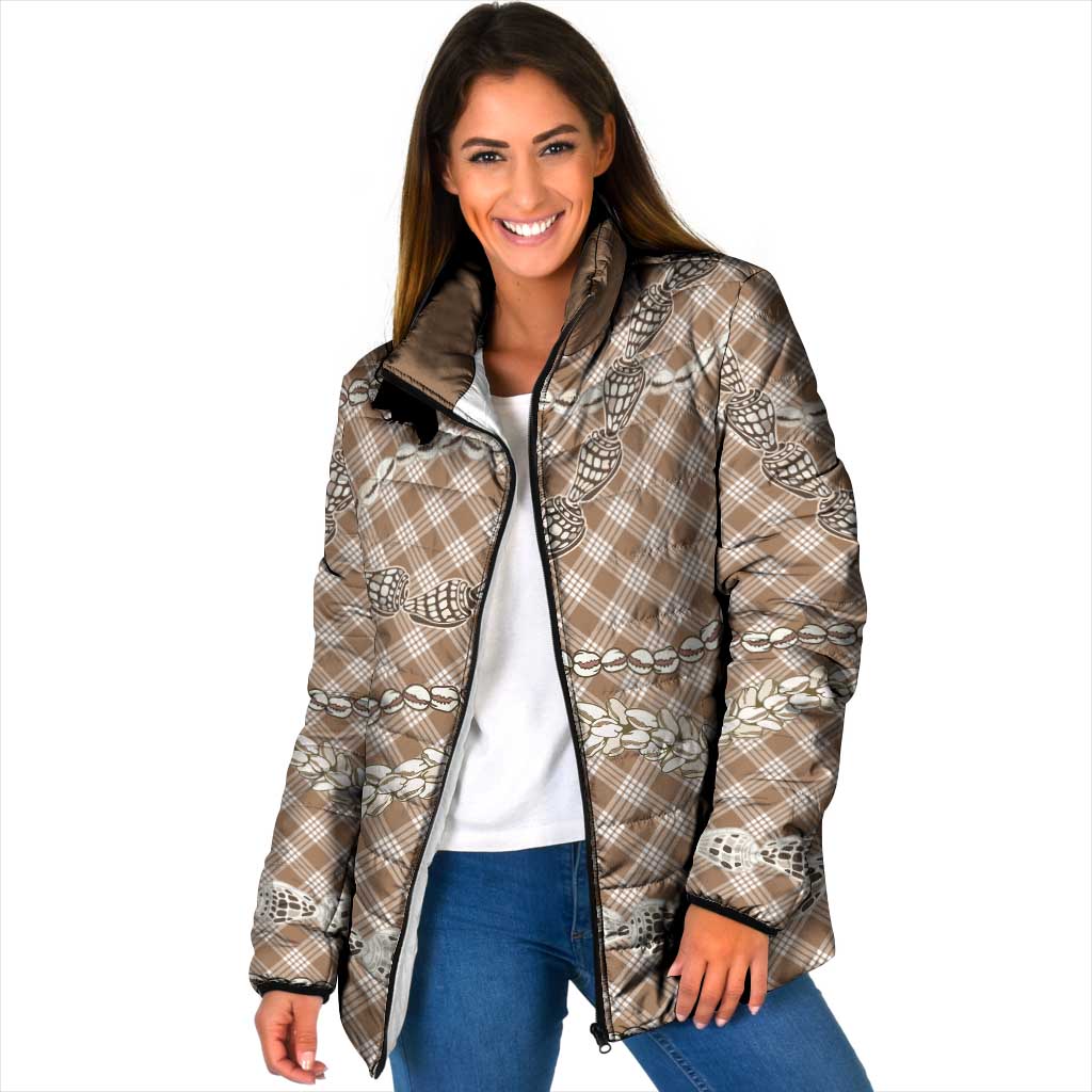 Brown Aloha Hawaii Shell Lei Padded Jacket Palaka Hebrew Cone Honey Cowrie Elegant Curves - Polynesian Pride