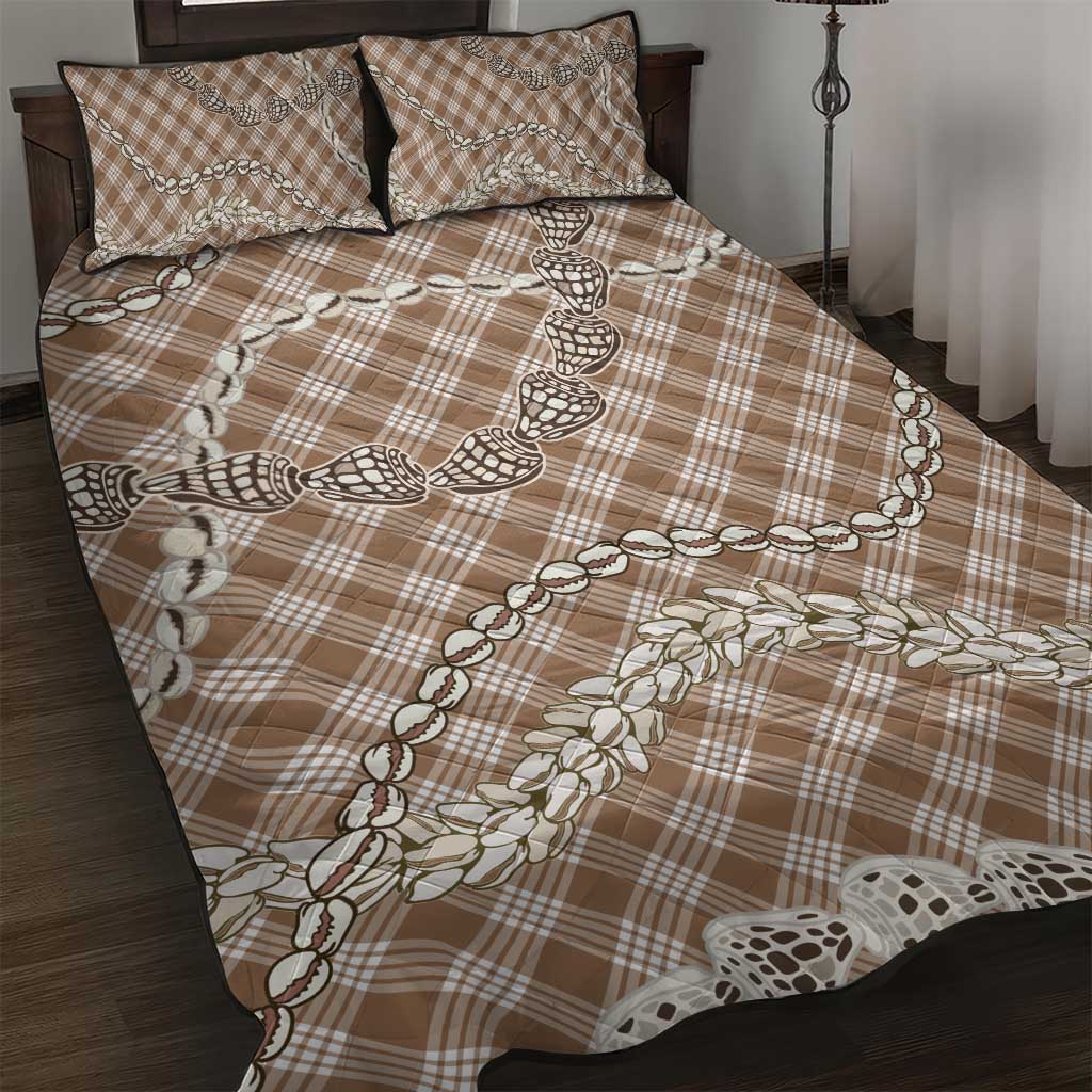 Brown Aloha Hawaii Shell Lei Quilt Bed Set Palaka Hebrew Cone Honey Cowrie Elegant Curves - Polynesian Pride