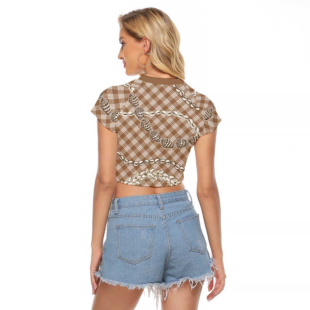 Brown Aloha Hawaii Shell Lei Raglan Cropped T Shirt Palaka Hebrew Cone Honey Cowrie Elegant Curves - Polynesian Pride