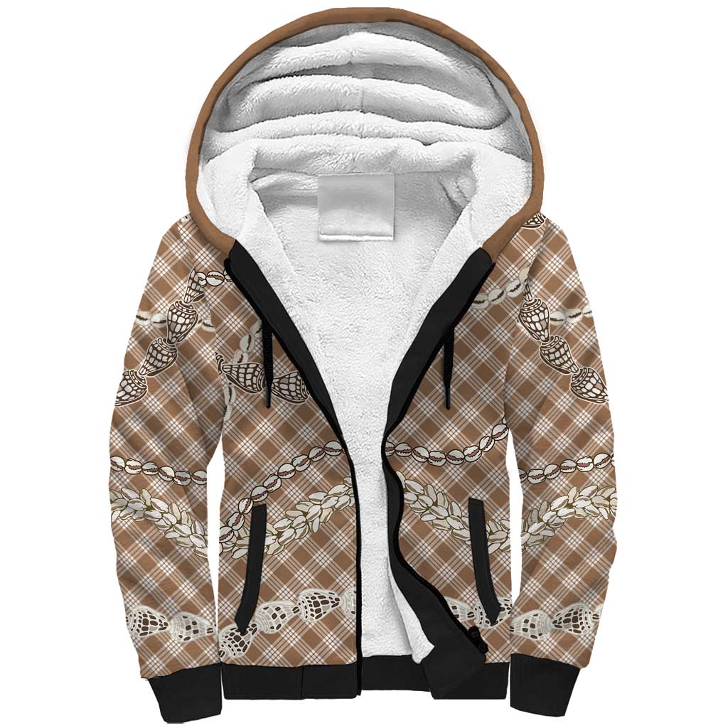 Brown Aloha Hawaii Shell Lei Sherpa Hoodie Palaka Hebrew Cone Honey Cowrie Elegant Curves - Polynesian Pride