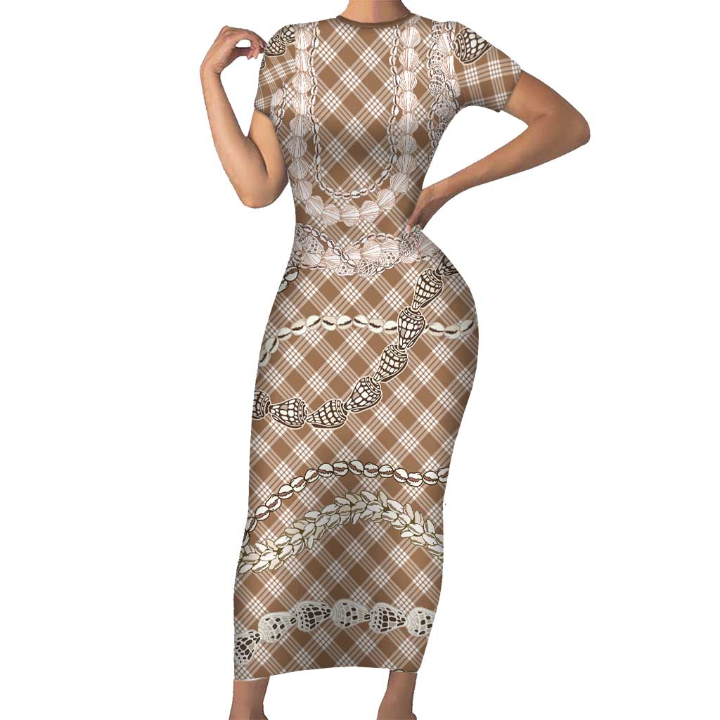 Brown Aloha Hawaii Shell Lei Short Sleeve Bodycon Dress Palaka Hebrew Cone Honey Cowrie Elegant Curves - Polynesian Pride