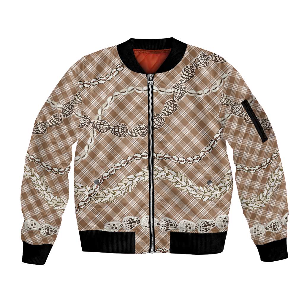 Brown Aloha Hawaii Shell Lei Sleeve Zip Bomber Jacket Palaka Hebrew Cone Honey Cowrie Elegant Curves - Polynesian Pride