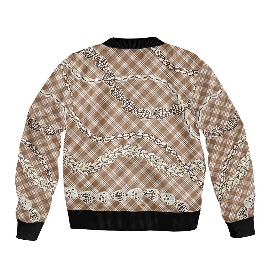 Brown Aloha Hawaii Shell Lei Sleeve Zip Bomber Jacket Palaka Hebrew Cone Honey Cowrie Elegant Curves - Polynesian Pride