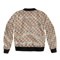 Brown Aloha Hawaii Shell Lei Sleeve Zip Bomber Jacket Palaka Hebrew Cone Honey Cowrie Elegant Curves - Polynesian Pride