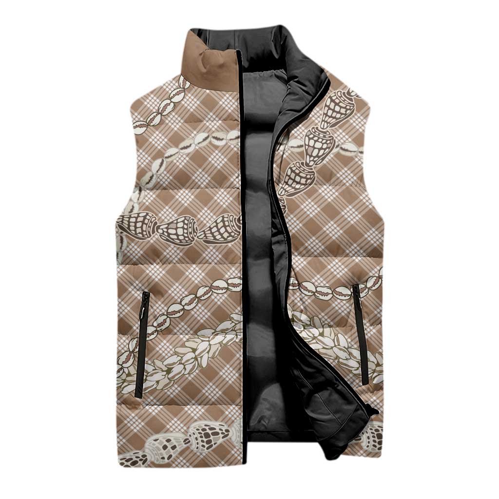Brown Aloha Hawaii Shell Lei Sleeveless Puffer Jacket Palaka Hebrew Cone Honey Cowrie Elegant Curves - Polynesian Pride