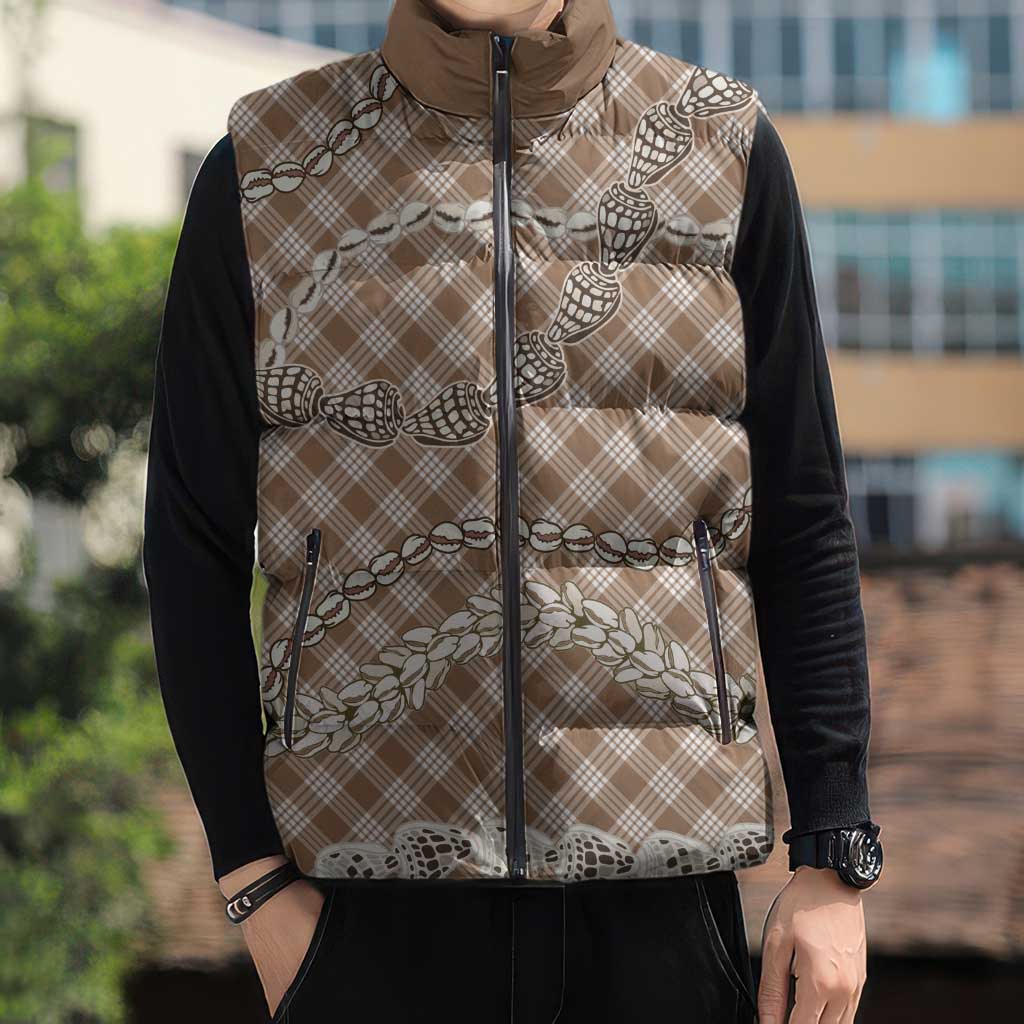 Brown Aloha Hawaii Shell Lei Sleeveless Puffer Jacket Palaka Hebrew Cone Honey Cowrie Elegant Curves - Polynesian Pride