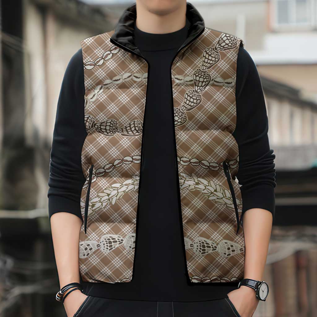 Brown Aloha Hawaii Shell Lei Sleeveless Puffer Jacket Palaka Hebrew Cone Honey Cowrie Elegant Curves - Polynesian Pride