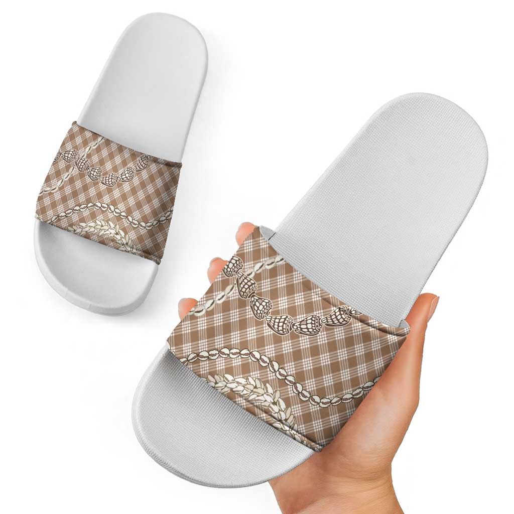 Brown Aloha Hawaii Shell Lei Slide Sandals Palaka Hebrew Cone Honey Cowrie Elegant Curves - Polynesian Pride