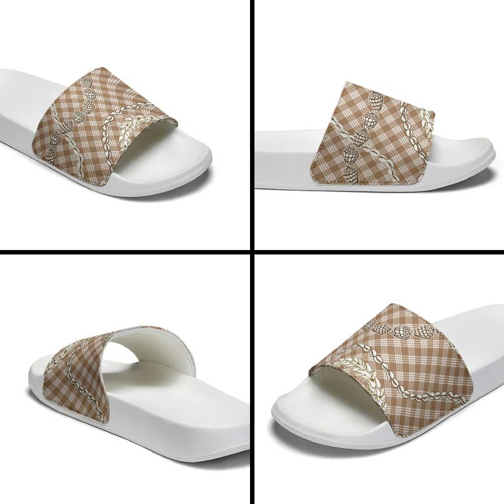 Brown Aloha Hawaii Shell Lei Slide Sandals Palaka Hebrew Cone Honey Cowrie Elegant Curves - Polynesian Pride
