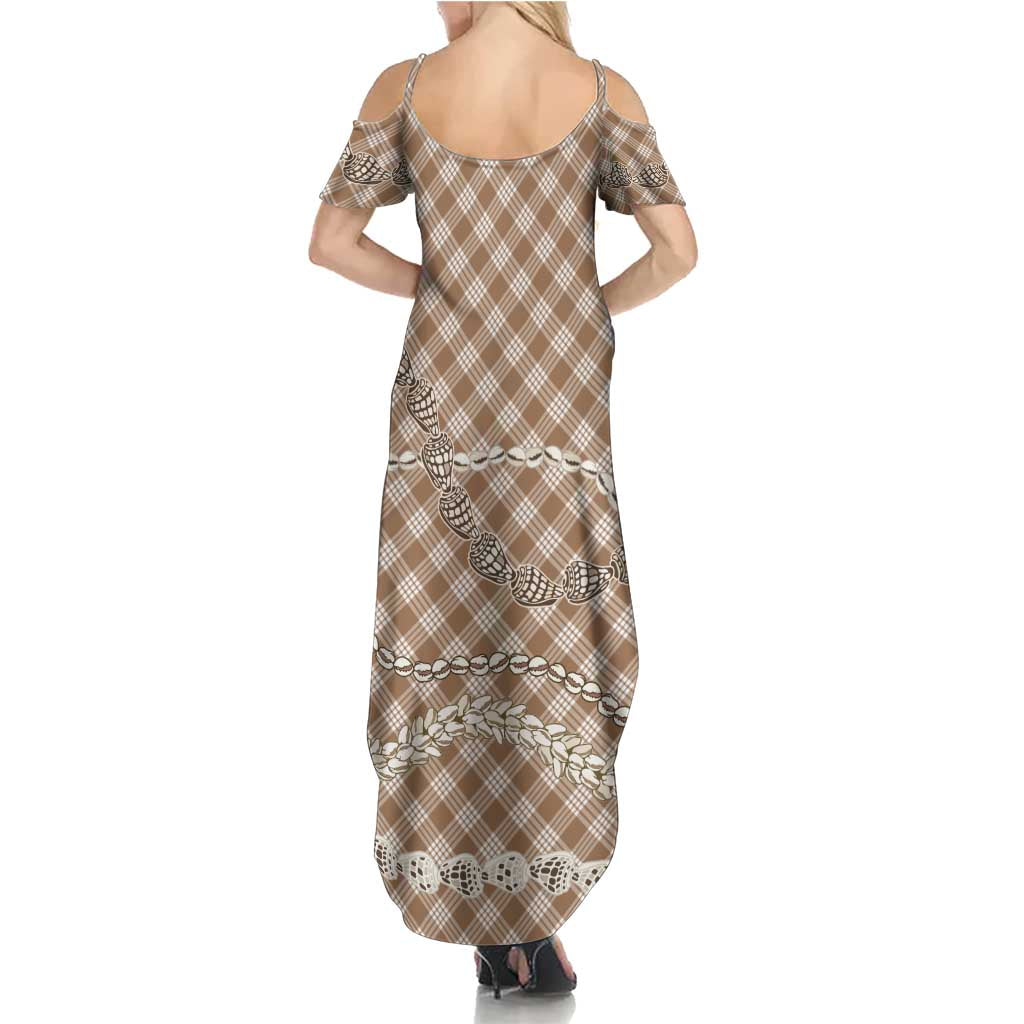 Brown Aloha Hawaii Shell Lei Summer Maxi Dress Palaka Hebrew Cone Honey Cowrie Elegant Curves - Polynesian Pride