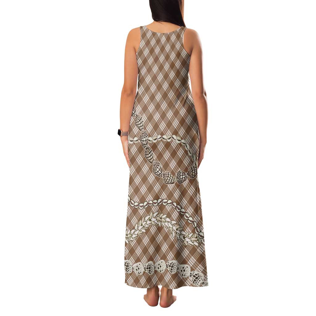 Brown Aloha Hawaii Shell Lei Tank Maxi Dress Palaka Hebrew Cone Honey Cowrie Elegant Curves - Polynesian Pride