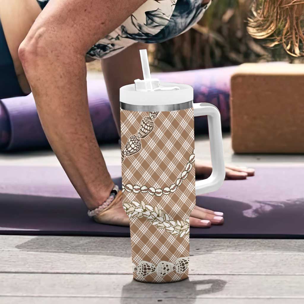 Brown Aloha Hawaii Shell Lei Tumbler With Handle Palaka Hebrew Cone Honey Cowrie Elegant Curves - Polynesian Pride