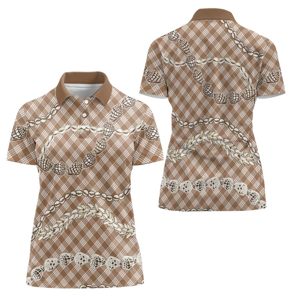 Brown Aloha Hawaii Shell Lei Women Polo Shirt Palaka Hebrew Cone Honey Cowrie Elegant Curves LT14 - Polynesian Pride