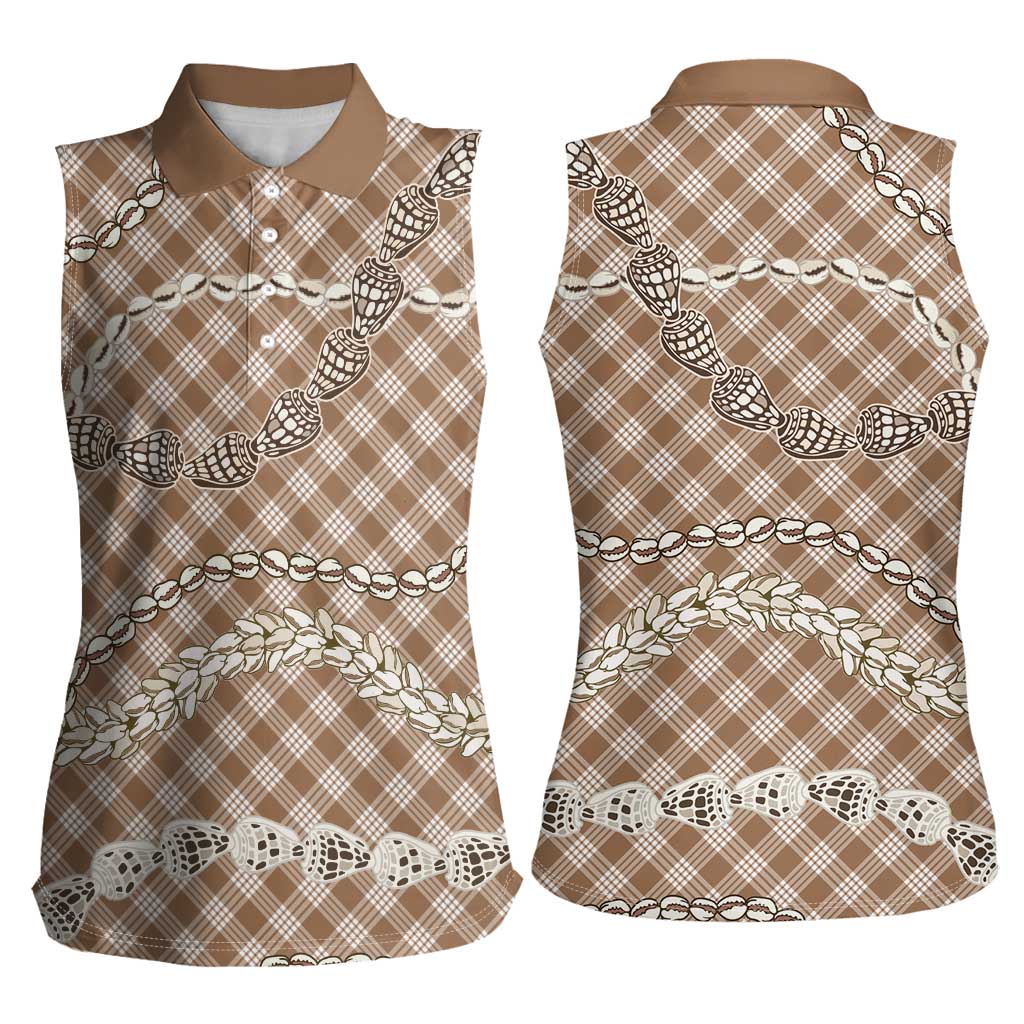 Brown Aloha Hawaii Shell Lei Women Sleeveless Polo Shirt Palaka Hebrew Cone Honey Cowrie Elegant Curves LT14 - Polynesian Pride