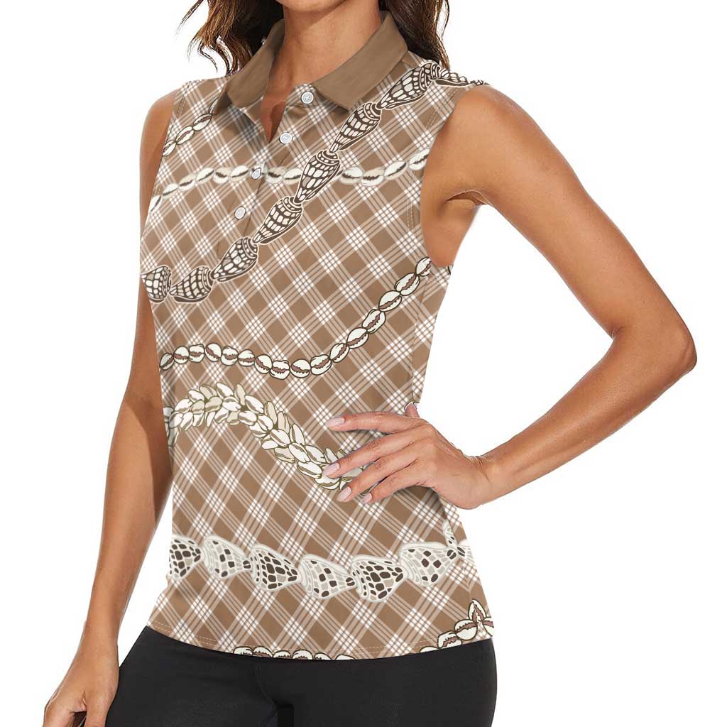 Brown Aloha Hawaii Shell Lei Women Sleeveless Polo Shirt Palaka Hebrew Cone Honey Cowrie Elegant Curves LT14 - Polynesian Pride