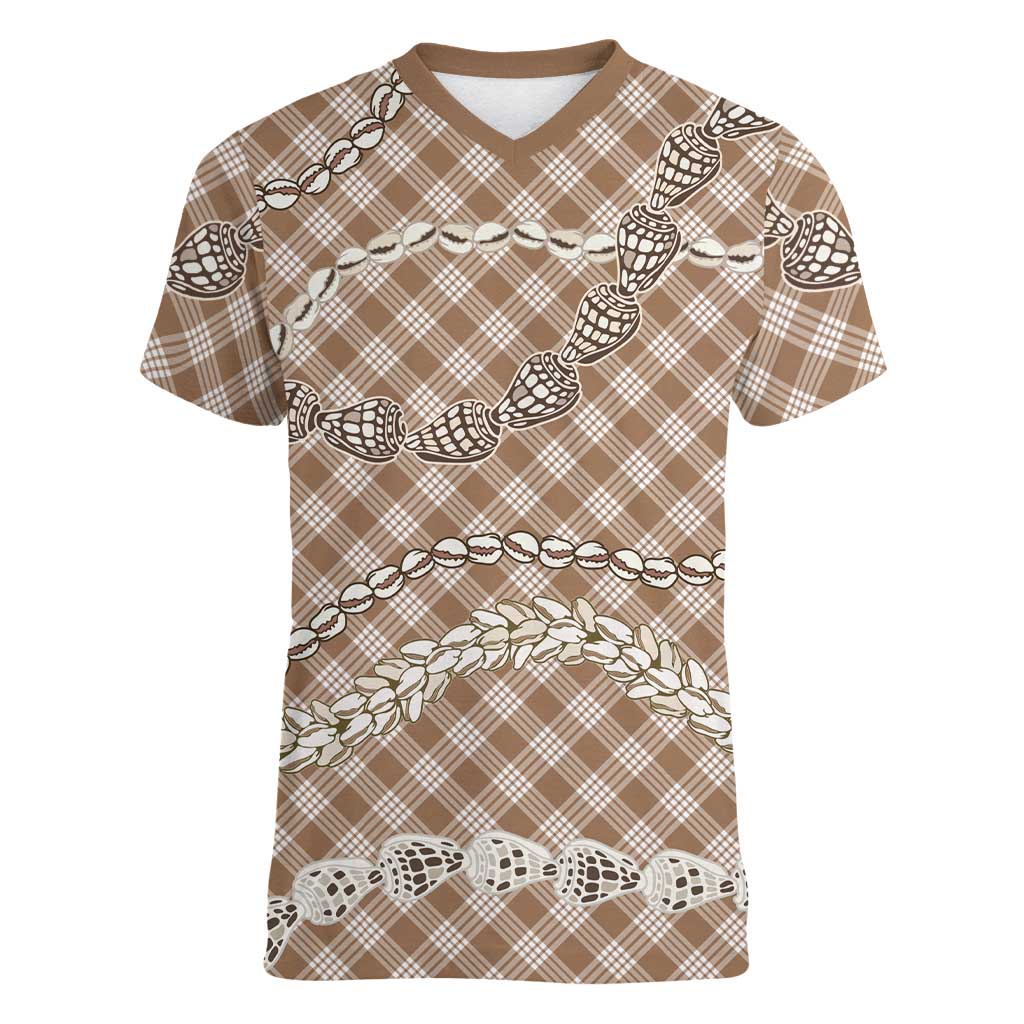 Brown Aloha Hawaii Shell Lei Women V-Neck T-Shirt Palaka Hebrew Cone Honey Cowrie Elegant Curves LT14 Female Brown - Polynesian Pride