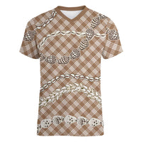 Brown Aloha Hawaii Shell Lei Women V-Neck T-Shirt Palaka Hebrew Cone Honey Cowrie Elegant Curves LT14 Female Brown - Polynesian Pride