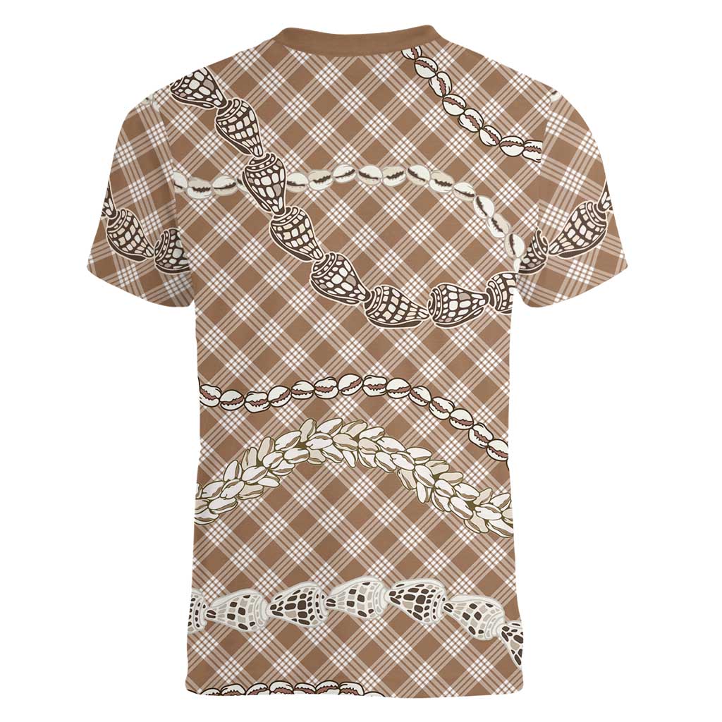 Brown Aloha Hawaii Shell Lei Women V-Neck T-Shirt Palaka Hebrew Cone Honey Cowrie Elegant Curves LT14 - Polynesian Pride