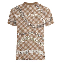 Brown Aloha Hawaii Shell Lei Women V-Neck T-Shirt Palaka Hebrew Cone Honey Cowrie Elegant Curves LT14 - Polynesian Pride