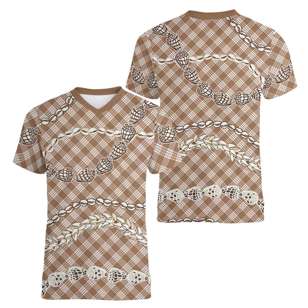 Brown Aloha Hawaii Shell Lei Women V-Neck T-Shirt Palaka Hebrew Cone Honey Cowrie Elegant Curves LT14 - Polynesian Pride