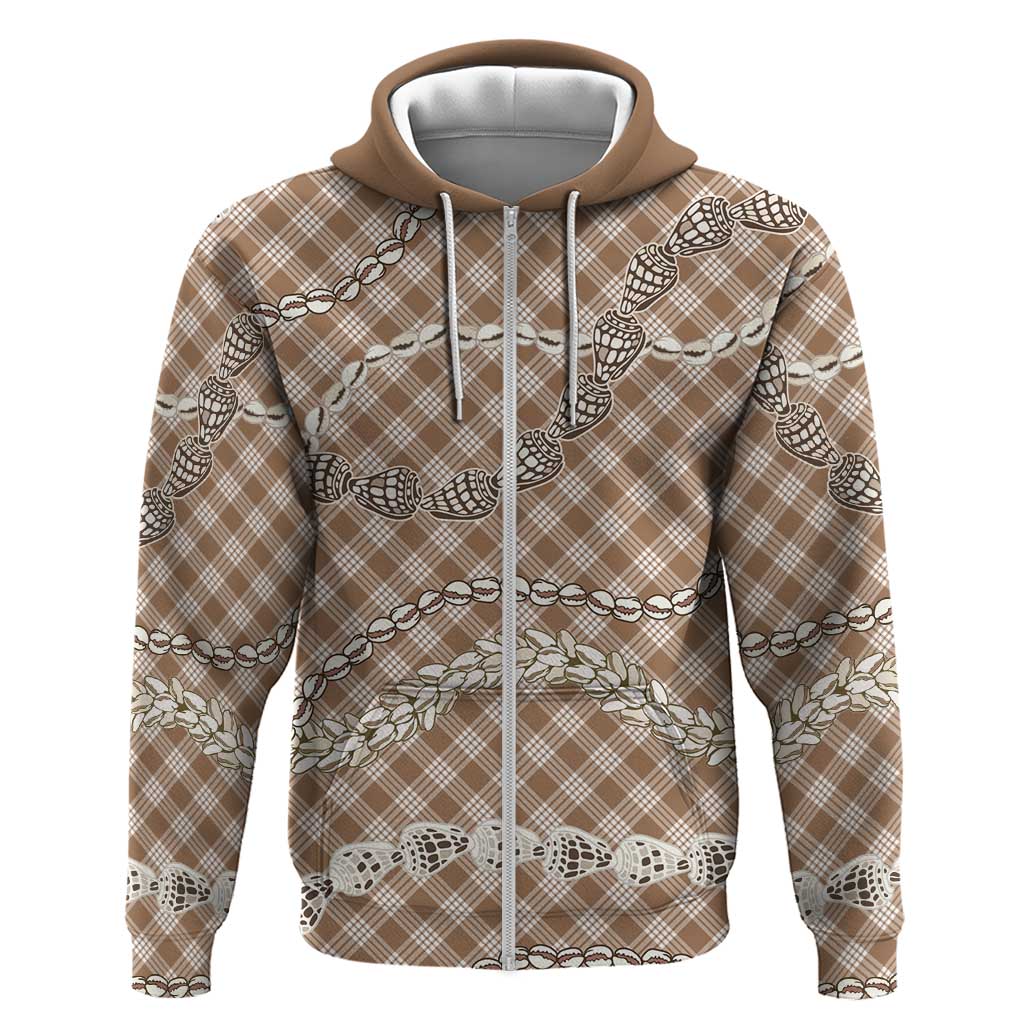 Brown Aloha Hawaii Shell Lei Zip Hoodie Palaka Hebrew Cone Honey Cowrie Elegant Curves - Polynesian Pride