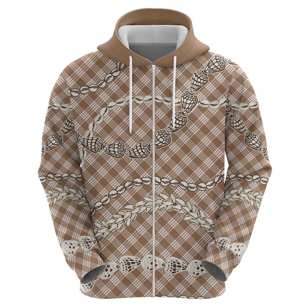 Brown Aloha Hawaii Shell Lei Zip Hoodie Palaka Hebrew Cone Honey Cowrie Elegant Curves - Polynesian Pride
