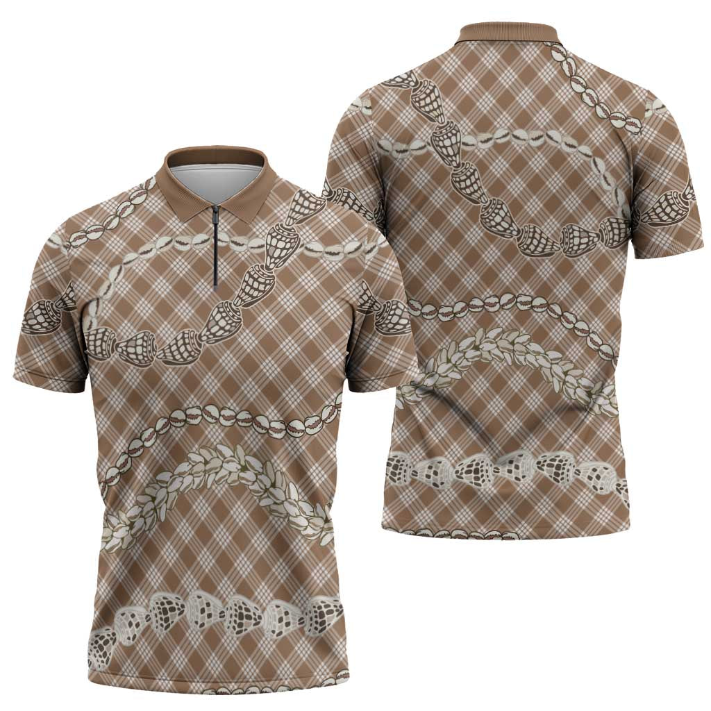 Brown Aloha Hawaii Shell Lei Zipper Polo Shirt Palaka Hebrew Cone Honey Cowrie Elegant Curves - Polynesian Pride