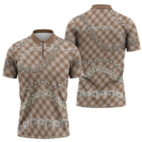Brown Aloha Hawaii Shell Lei Zipper Polo Shirt Palaka Hebrew Cone Honey Cowrie Elegant Curves - Polynesian Pride