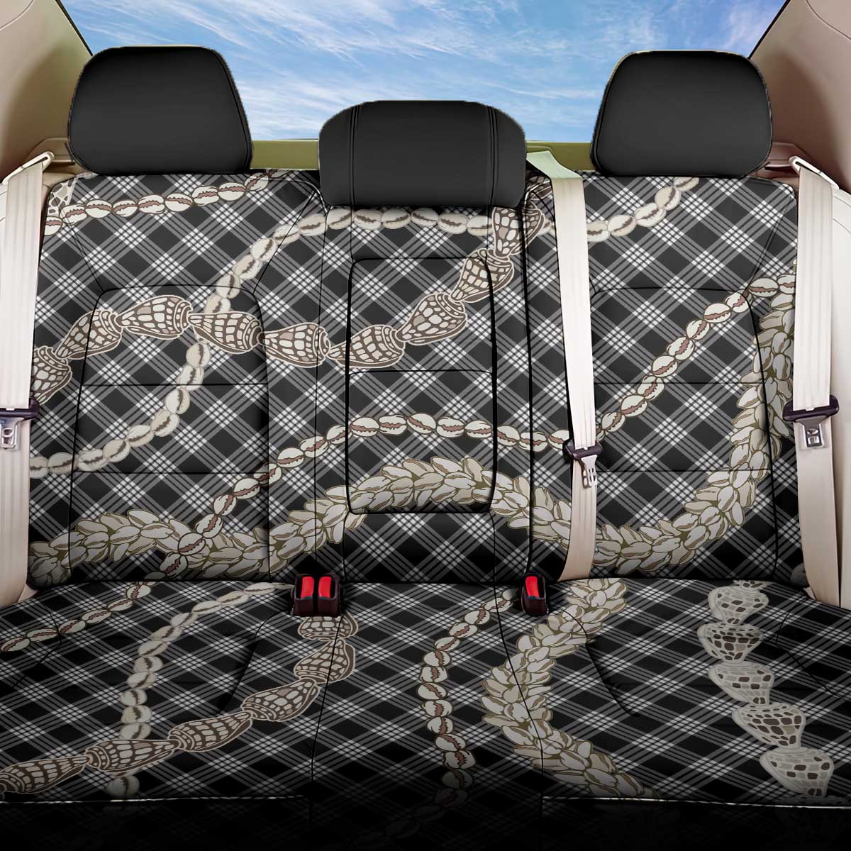 Black Aloha Hawaii Shell Lei Back Car Seat Cover Palaka Hebrew Cone Honey Cowrie Elegant Curves LT14 One Size Black - Polynesian Pride