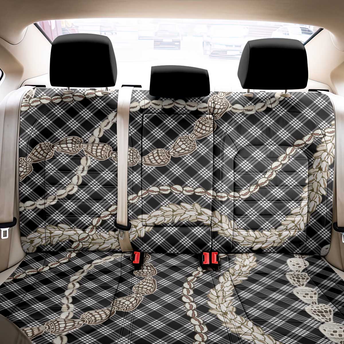 Black Aloha Hawaii Shell Lei Back Car Seat Cover Palaka Hebrew Cone Honey Cowrie Elegant Curves LT14 - Polynesian Pride