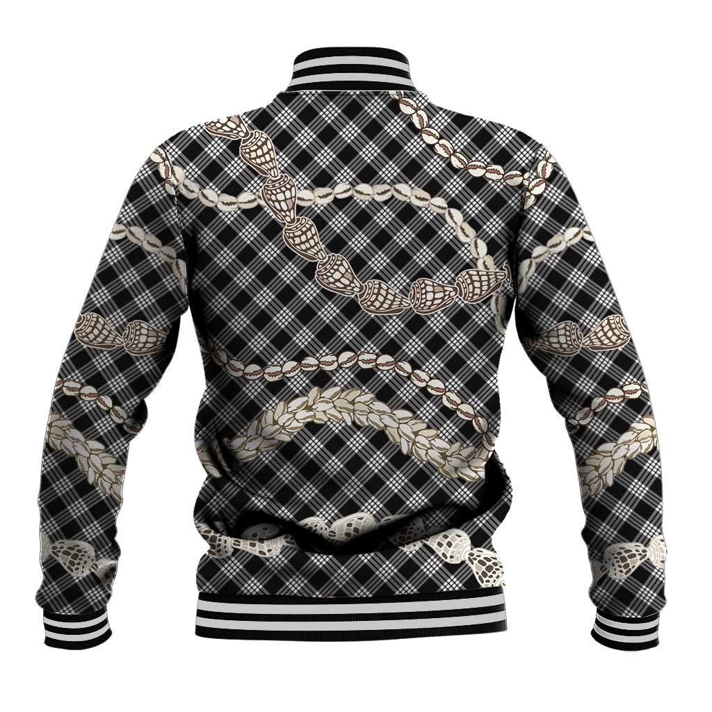Black Aloha Hawaii Shell Lei Baseball Jacket Palaka Hebrew Cone Honey Cowrie Elegant Curves - Polynesian Pride