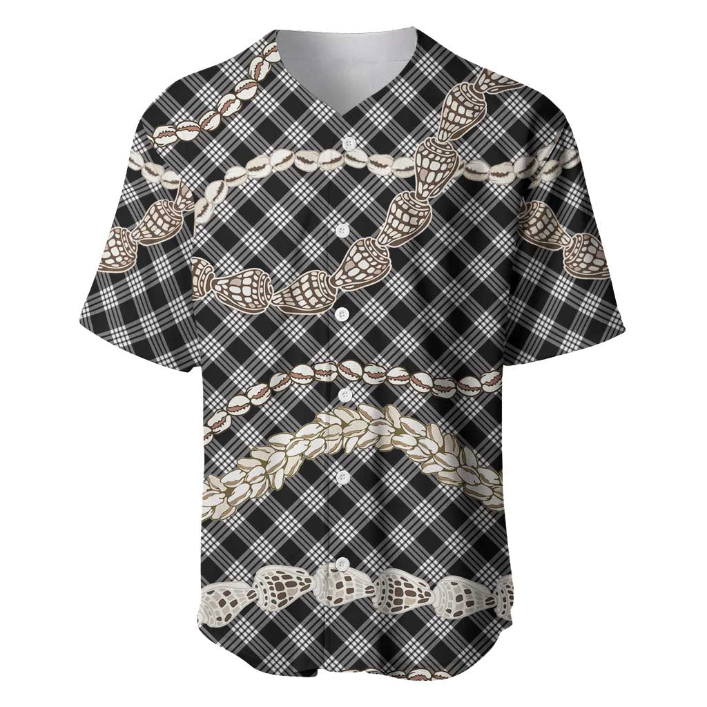 Black Aloha Hawaii Shell Lei Baseball Jersey Palaka Hebrew Cone Honey Cowrie Elegant Curves - Polynesian Pride