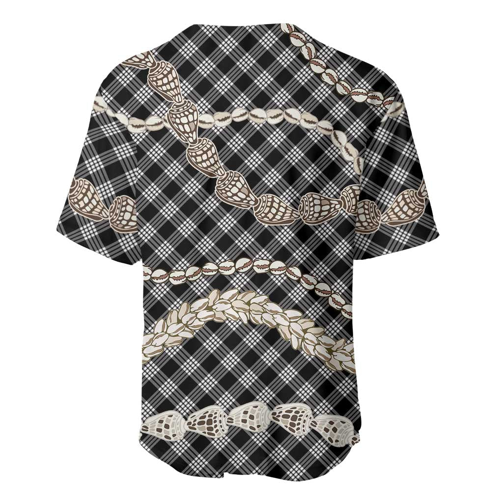 Black Aloha Hawaii Shell Lei Baseball Jersey Palaka Hebrew Cone Honey Cowrie Elegant Curves - Polynesian Pride