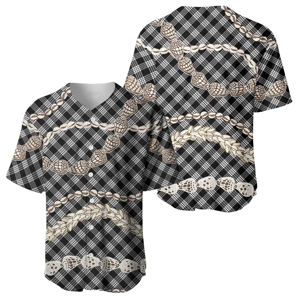 Black Aloha Hawaii Shell Lei Baseball Jersey Palaka Hebrew Cone Honey Cowrie Elegant Curves - Polynesian Pride
