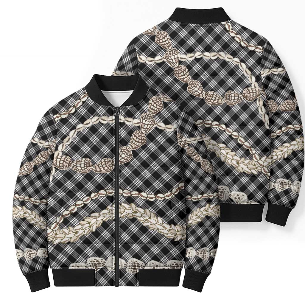 Black Aloha Hawaii Shell Lei Bomber Puffer Jacket Palaka Hebrew Cone Honey Cowrie Elegant Curves - Polynesian Pride